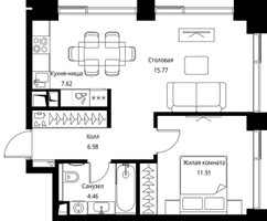 Планировка однокомнатной(квартира) площадью 46.74 квадратных метров в “ЖК Сити Бэй”