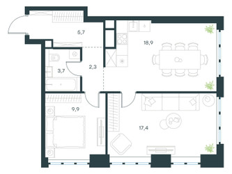 Планировка двухкомнатной(квартира) площадью 57.9 квадратных метров в ЖК “ЖК Левел Южнопортовая”