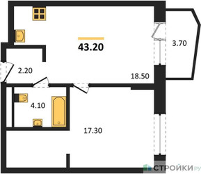 Планировка однокомнатной(квартира) площадью 43.2 квадратных метров в ЖК “ЖК "Коллекция"”