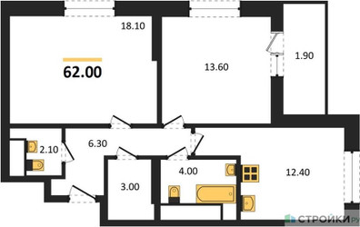 Планировка двухкомнатной(квартира) площадью 62 квадратных метров в ЖК “ЖК Рассказово”