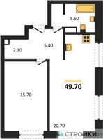 Планировка однокомнатной(квартира) площадью 49.7 квадратных метров в “ЖК Shagal (Шагал)”