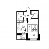 Планировка однокомнатной(квартира) площадью 38.4 квадратных метров в “ЖК Космос”