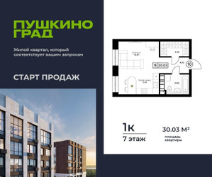 Планировка однокомнатной(квартира) площадью 30.03 квадратных метров в ЖК “ЖК Пушкино Град”
