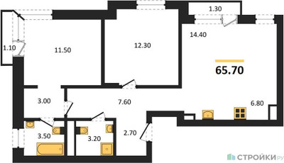 Планировка двухкомнатной(квартира) площадью 65.7 квадратных метров в ЖК “ЖК Новая Щербинка”