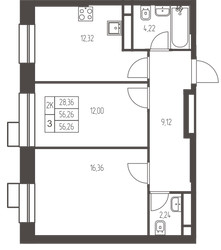Планировка двухкомнатной(квартира) площадью 56.3 квадратных метров в ЖК “ЖК Новая Ивантеевка”