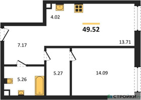 Планировка однокомнатной(квартира) площадью 49.52 квадратных метров в “ЖК Солос”