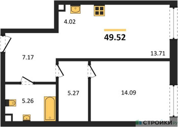 Планировка однокомнатной(квартира) площадью 49.52 квадратных метров в ЖК “ЖК Солос”