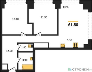 Планировка двухкомнатной(квартира) площадью 61.8 квадратных метров в ЖК “ЖК Very (Вери)”