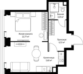 Планировка однокомнатной(квартира) площадью 38.1 квадратных метров в ЖК “Мультиквартал СИТИДЗЕН”