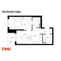 Планировка однокомнатной(квартира) площадью 39.2 квадратных метров в “ЖК Зеленый парк”