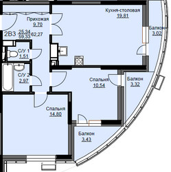 Планировка двухкомнатной(квартира) площадью 62.9 квадратных метров в ЖК “ЖК Соболевка”