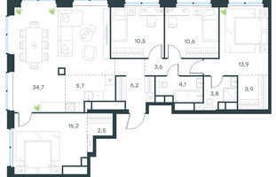 Планировка 4+ комнатной(квартира) площадью 115.7 квадратных метров в “ЖК Левел Звенигородская”