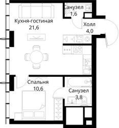 Планировка однокомнатной(квартира) площадью 41.6 квадратных метров в ЖК “ЖК Сити Бэй”