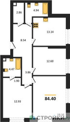 Планировка трехкомнатной(квартира) площадью 84.4 квадратных метров в ЖК “ЖК Sezar City (Сезар Сити)”