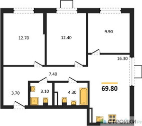 Планировка трехкомнатной(квартира) площадью 69.8 квадратных метров в ЖК “ЖК Деснаречье”