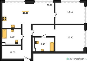 Планировка двухкомнатной(квартира) площадью 80 квадратных метров в “ЖК СТОУН Грэйн”