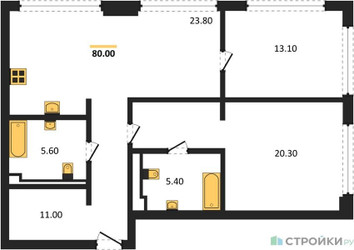 Планировка двухкомнатной(квартира) площадью 80 квадратных метров в ЖК “ЖК СТОУН Грэйн”