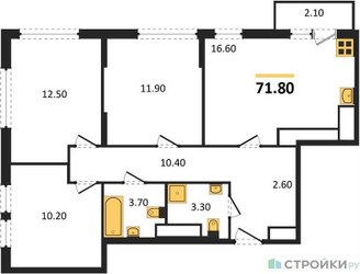 Планировка трехкомнатной(квартира) площадью 71.8 квадратных метров в “ЖК Южные сады”