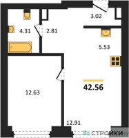 Планировка однокомнатной(квартира) площадью 42.56 квадратных метров в “ЖК TATE (Тэйт)”