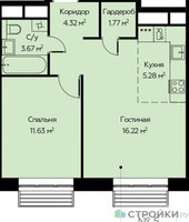 Планировка однокомнатной(квартира) площадью 42.89 квадратных метров в “ЖК Новоград Павлино”