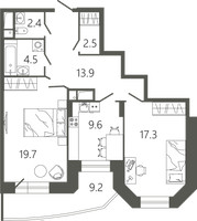 Планировка двухкомнатной(квартира) площадью 72.7 квадратных метров в “ЖК Советская 18”