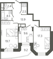 Планировка двухкомнатной(квартира) площадью 72.7 квадратных метров в ЖК “ЖК Советская 18”