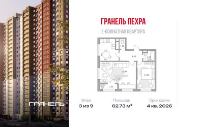 Планировка двухкомнатной(квартира) площадью 62.73 квадратных метров в ЖК “ЖК Пехра”