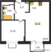 Планировка однокомнатной(квартира) площадью 42.5 квадратных метров в “ЖК Богдановский Лес”