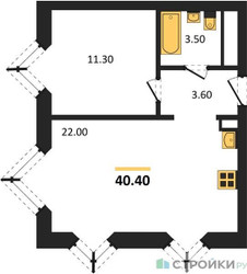 Планировка однокомнатной(квартира) площадью 40.4 квадратных метров в ЖК “ЖК Wave (Вейв)”