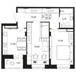 Планировка двухкомнатной(квартира) площадью 60.38 квадратных метров в ЖК “ЖК Времена года”