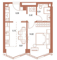Планировка однокомнатной(квартира) площадью 40.8 квадратных метров в “ЖК Symphony 34 (Симфония 34)”