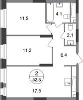 Планировка двухкомнатной(квартира) площадью 52.8 квадратных метров в “ЖК Первый Московский”