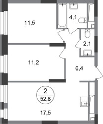 Планировка двухкомнатной(квартира) площадью 52.8 квадратных метров в ЖК “ЖК Первый Московский”