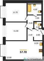 Планировка двухкомнатной(квартира) площадью 57.7 квадратных метров в “ЖК Равновесие”