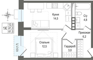 Планировка однокомнатной(квартира) площадью 41 квадратных метров в “ЖК КИНОКВАРТАЛ”