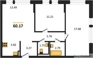 Планировка двухкомнатной(квартира) площадью 60.17 квадратных метров в “ЖК Квартал Авиаторов”