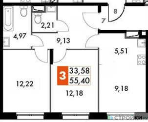 Планировка двухкомнатной(квартира) площадью 55.4 квадратных метров в “ЖК Движение. Говорово”