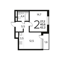 Планировка двухкомнатной(квартира) площадью 42.2 квадратных метров в “Новые Ватутинки. Заречный”