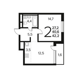 Планировка двухкомнатной(квартира) площадью 42.2 квадратных метров в ЖК “Новые Ватутинки. Заречный”