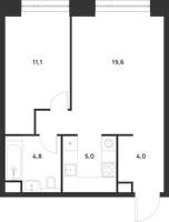 Планировка однокомнатной(квартира) площадью 44.5 квадратных метров в “ЖК Войс”