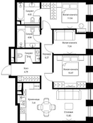 Планировка трехкомнатной(квартира) площадью 74.56 квадратных метров в ЖК “ЖК Сити Бэй”