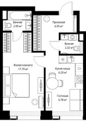 Планировка однокомнатной(квартира) площадью 43.12 квадратных метров в ЖК “ЖК Веер”