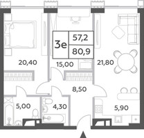 Планировка трехкомнатной(квартира) площадью 80.9 квадратных метров в “ЖК Will Towers (Вилл Тауэрс)”