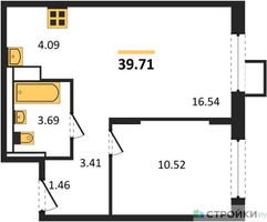 Планировка однокомнатной(квартира) площадью 39.71 квадратных метров в “ЖК Пригород Лесное”