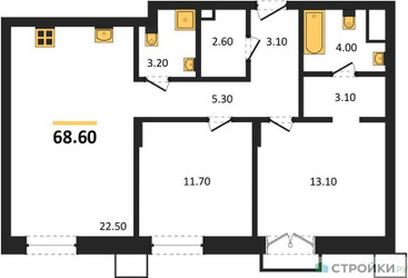 Планировка двухкомнатной(квартира) площадью 68.6 квадратных метров в ЖК “ЖК Резиденции Сколково”