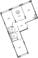 Планировка трехкомнатной(квартира) площадью 74.6 квадратных метров в “ЖК Переделкино Ближнее”