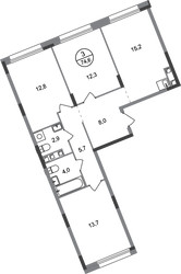 Планировка трехкомнатной(квартира) площадью 74.6 квадратных метров в ЖК “ЖК Переделкино Ближнее”