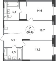 Планировка двухкомнатной(квартира) площадью 63.8 квадратных метров в “ЖК Первый Московский”