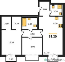 Планировка двухкомнатной(квартира) площадью 63.2 квадратных метров в “ЖК Равновесие”