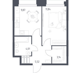 Планировка однокомнатной(апартаменты) площадью 34.38 квадратных метров в ЖК “ЖК Апарт-отель Тропарево парк”